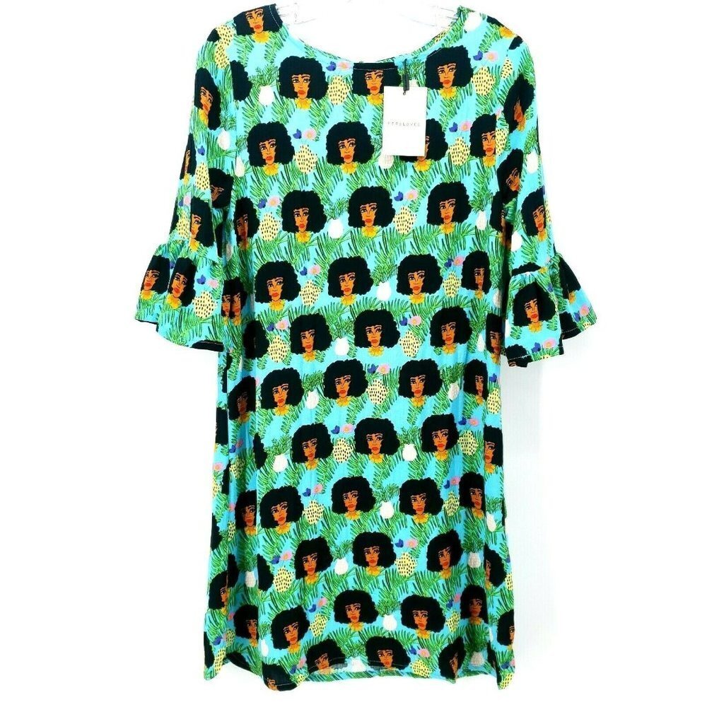 PEPALOVES Funky Africa Print Dress Ruffle Sleeve XS